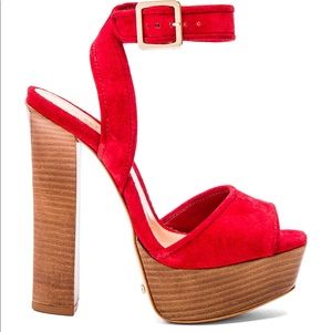 Schutz Reeba Platform Suede Heels in Cyber Red